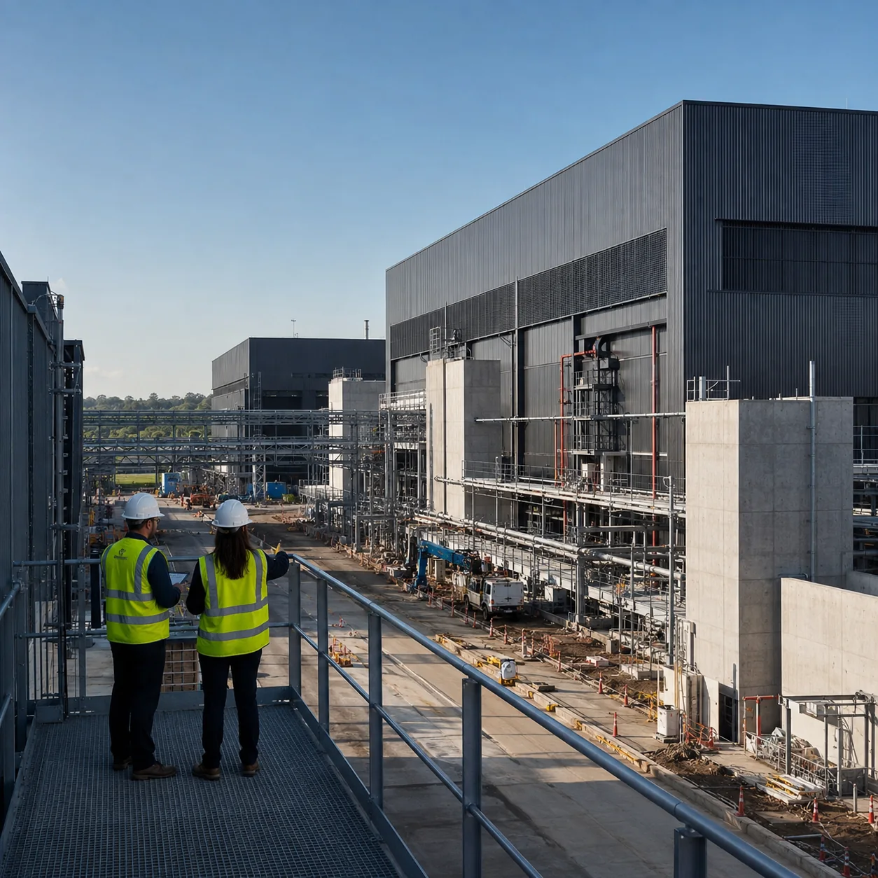 Illustrative view of a project review at a large industrial campus
